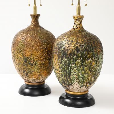 Fabulous Pair of Large Ceramic Lamps with a Volcanic Lava Drip Glaze Finish