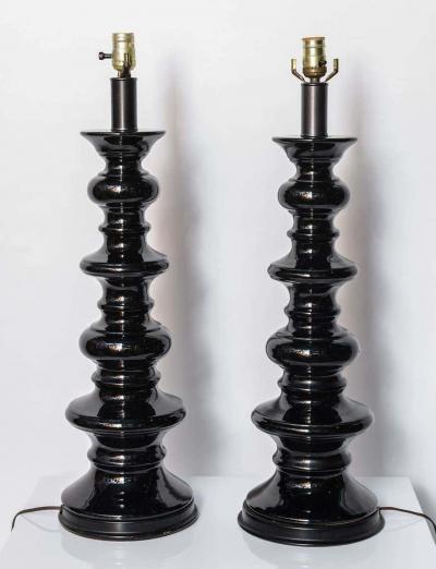 Fabulous Pair of Tall Black Hollywood Regency Style Table Lamps