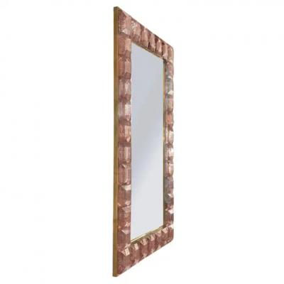 Faceted Blush Murano Glass Block Brass Framed Mirror