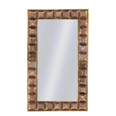 Faceted Blush Murano Glass Block Brass Framed Mirror