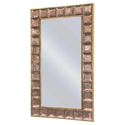 Faceted Blush Murano Glass Block Brass Framed Mirror