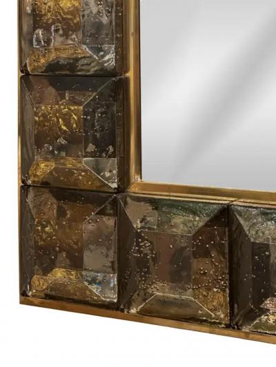Faceted Murano Fume Glass Block and Brass Mirror