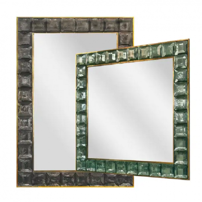 Faceted Murano Glass Block and Polished Brass Mirror