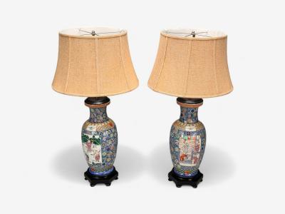 Famille Rose Large Chinese Table Lamps Porcelian Rosewood China 19th c 