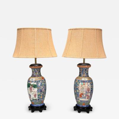 Famille Rose Large Chinese Table Lamps Porcelian Rosewood China 19th c 