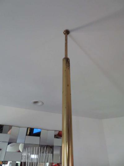 Fantastic Flying Saucer Glass Brass Walnut Three Light Ceiling Tension Pole Lamp