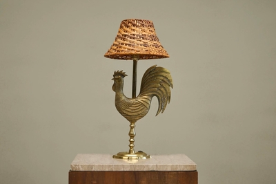 Fantastic French Le Coq dOr Rooster Table Lamp in Brass and Rattan 1960s