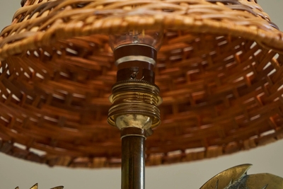 Fantastic French Le Coq dOr Rooster Table Lamp in Brass and Rattan 1960s