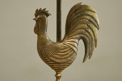Fantastic French Le Coq dOr Rooster Table Lamp in Brass and Rattan 1960s