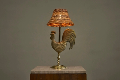 Fantastic French Le Coq dOr Rooster Table Lamp in Brass and Rattan 1960s