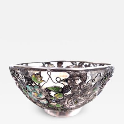 Fantastic Japanese Meiji Silver Enamel Bowl with Wisteria Irises