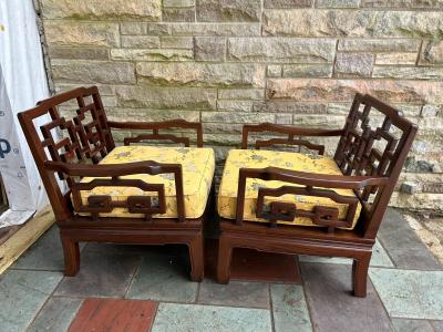 Fantastic Pair Chinoiserie Solid Rosewood Lounge Chairs Mid Century
