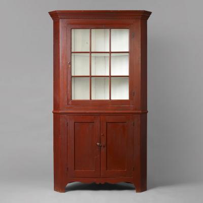 Federal Red Painted Corner Cupboard