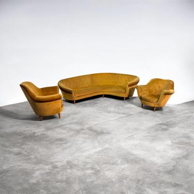 Federico Munari Curved Velvet Sofa by Federico Munari with Matching Armchairs Italy 1950s