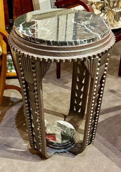 Fer Forg Pair of Custom Art Deco Fer Forg Iron Tables with Portoro Marble