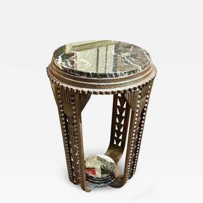 Fer Forg Pair of Custom Art Deco Fer Forg Iron Tables with Portoro Marble