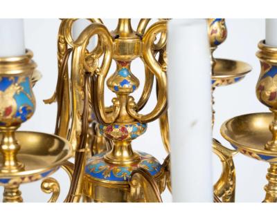 Ferdinand Barbedienne An Exceptional Pair of Champleve Enamel Ormolu Candelabra by Sevin Barbedienne