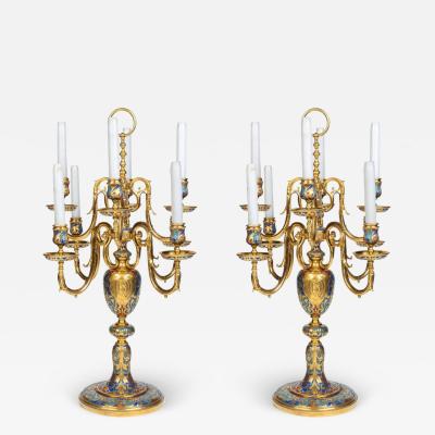 Ferdinand Barbedienne An Exceptional Pair of Champleve Enamel Ormolu Candelabra by Sevin Barbedienne