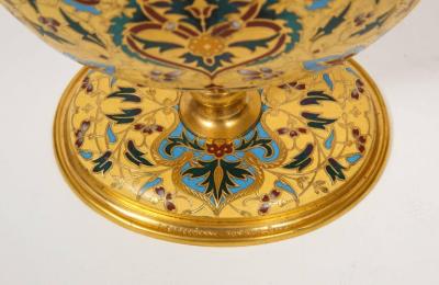 Ferdinand Barbedienne Extremely Rare Pair of Ferdinand Barbedienne Ormolu and Champleve Enamel Vases