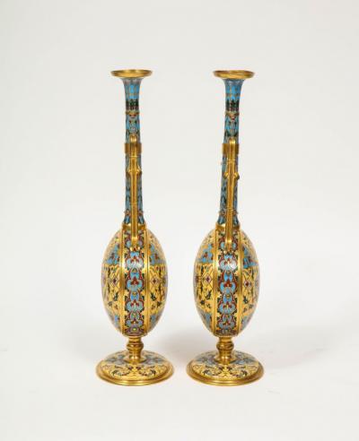 Ferdinand Barbedienne Extremely Rare Pair of Ferdinand Barbedienne Ormolu and Champleve Enamel Vases