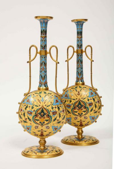 Ferdinand Barbedienne Extremely Rare Pair of Ferdinand Barbedienne Ormolu and Champleve Enamel Vases