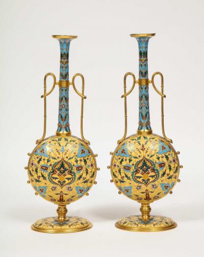 Ferdinand Barbedienne Extremely Rare Pair of Ferdinand Barbedienne Ormolu and Champleve Enamel Vases