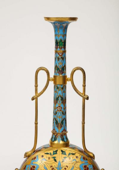 Ferdinand Barbedienne Extremely Rare Pair of Ferdinand Barbedienne Ormolu and Champleve Enamel Vases