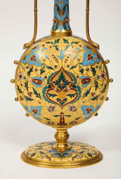 Ferdinand Barbedienne Extremely Rare Pair of Ferdinand Barbedienne Ormolu and Champleve Enamel Vases