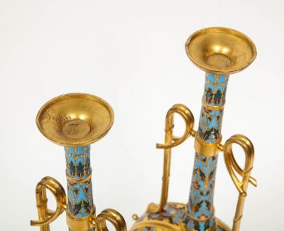 Ferdinand Barbedienne Extremely Rare Pair of Ferdinand Barbedienne Ormolu and Champleve Enamel Vases