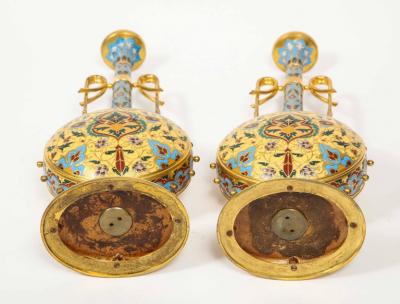 Ferdinand Barbedienne Extremely Rare Pair of Ferdinand Barbedienne Ormolu and Champleve Enamel Vases