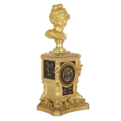 Ferdinand Barbedienne Gilt bronze and hardstone inlay Napoleon III period clock set by Barbedienne