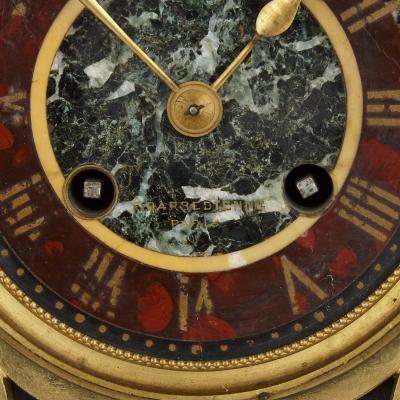 Ferdinand Barbedienne Gilt bronze and hardstone inlay Napoleon III period clock set by Barbedienne