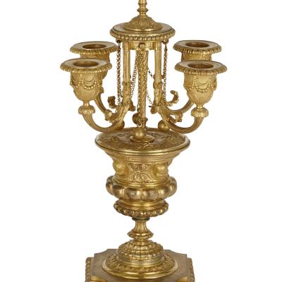 Ferdinand Barbedienne Gilt bronze and hardstone inlay Napoleon III period clock set by Barbedienne