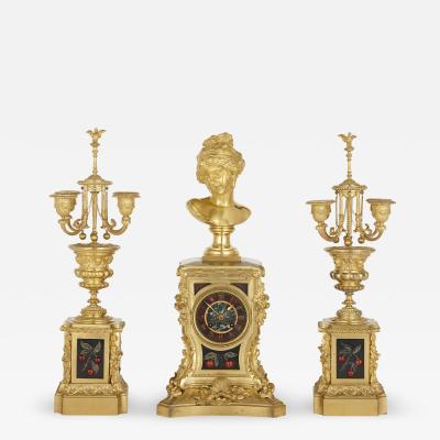 Ferdinand Barbedienne Gilt bronze and hardstone inlay Napoleon III period clock set by Barbedienne