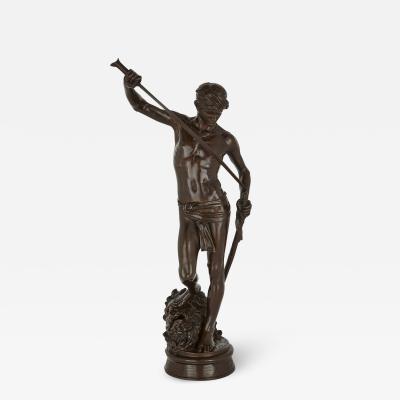 Ferdinand Barbedienne Large French patinated bronze sculpture of David by Merci and Barbedienne