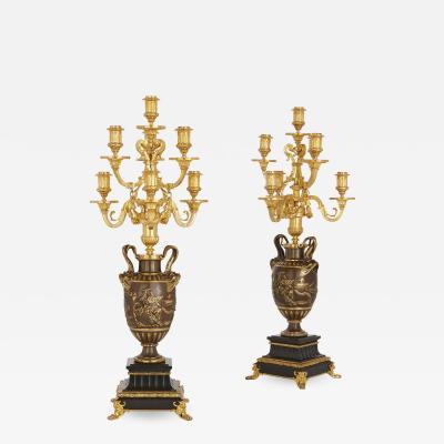 Ferdinand Barbedienne Neoclassical style marble gilt and patinated bronze candelabra by Barbedienne