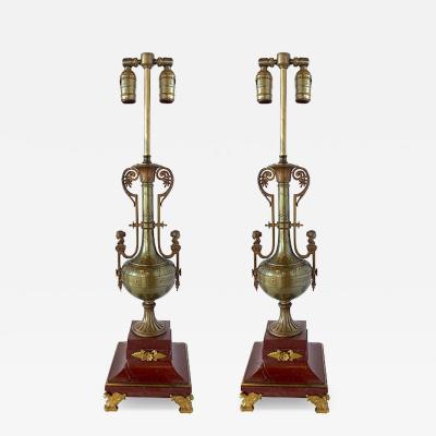 Ferdinand Barbedienne Pair French Empire Style Bronze and Rosso Marble Lamps F Barbedienne