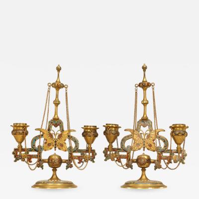 Ferdinand Barbedienne Pair of French Victorian Bronze Dore Candelabras