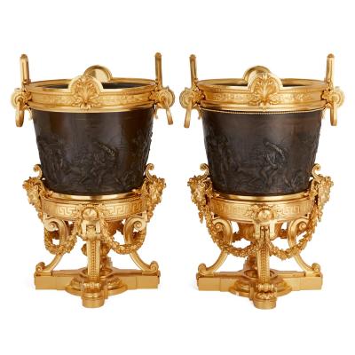 Ferdinand Barbedienne Pair of antique gilt and patinated bronze jardini res by Barbedienne