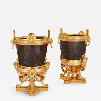 Ferdinand Barbedienne Pair of antique gilt and patinated bronze jardini res by Barbedienne