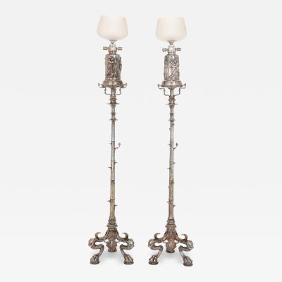 Ferdinand Barbedienne Pair of large silvered bronze antique French floor lamps