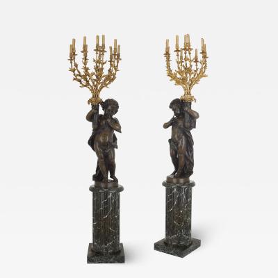 Ferdinand Barbedienne Pair of monumental French antique marble and bronze candelabra torcheres