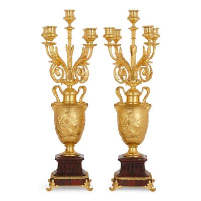 Ferdinand Barbedienne Pair of red marble and gilt bronze table candelabra by Barbedienne