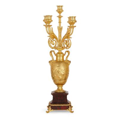 Ferdinand Barbedienne Pair of red marble and gilt bronze table candelabra by Barbedienne
