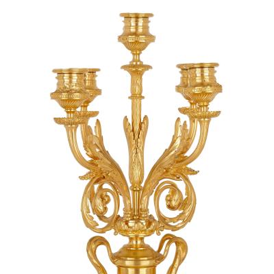 Ferdinand Barbedienne Pair of red marble and gilt bronze table candelabra by Barbedienne