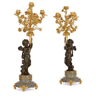 Ferdinand Gervais Antique marble patinated and gilt bronze clock set by Gervais
