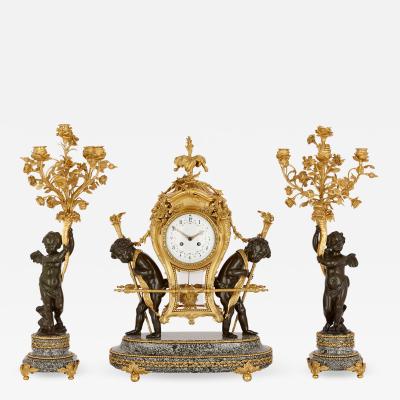 Ferdinand Gervais Antique marble patinated and gilt bronze clock set by Gervais