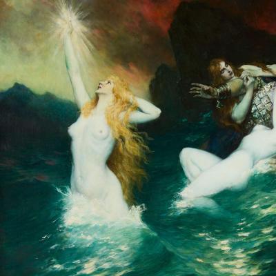 Ferdinand Leeke Large Wagnerian Mythological Painting The Rhinemaidens by Leeke