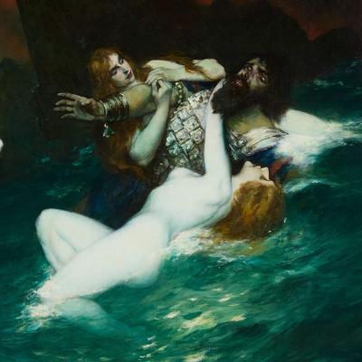 Ferdinand Leeke Large Wagnerian Mythological Painting The Rhinemaidens by Leeke