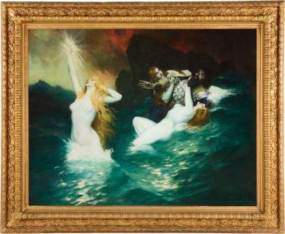 Ferdinand Leeke Large Wagnerian Mythological Painting The Rhinemaidens by Leeke
